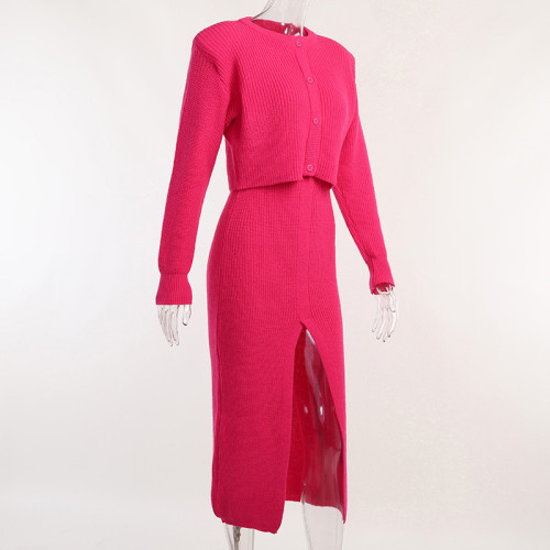 Shoulder padded cardigan front and back two-piece wool knitted skirt suit knitted comfortable casual women's clothing