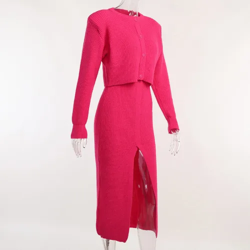 Shoulder padded cardigan front and back two-piece wool knitted skirt suit knitted comfortable casual women's clothing