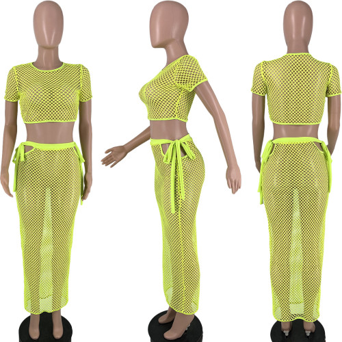 Grid Sexy Cutout T-Shirt One-Step Skirt Two-Piece Set