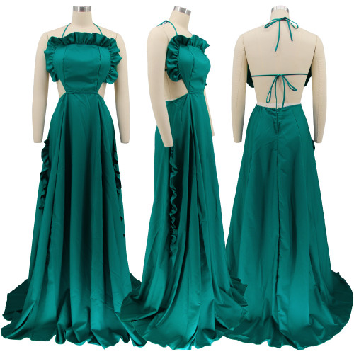 Sleeveless halterneck ruffle dress open back dress