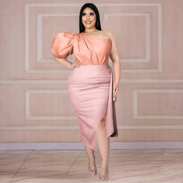 One-shoulder open-back puff-sleeve paneled pleated high-waisted slit one-step dress
