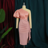 One-shoulder open-back puff-sleeve paneled pleated high-waisted slit one-step dress