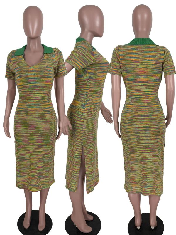 Striped Slit Knit Sweater V-Neck Color Matching Dress Women's