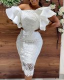 Pullover midi skirt temperament commuter high waist lace slit solid color one word collar white dress