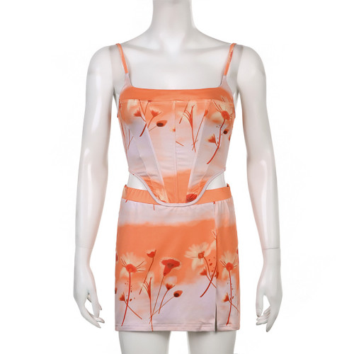 Fresh and sweet printed sling fishbone three-dimensional backless eyelet strappy top high waist slit tight skirt suit
