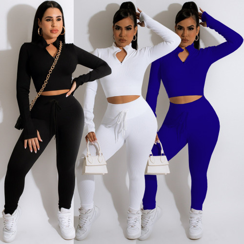 Fashion casual solid color v-neck zipper straps slim long-sleeved trousers sports two-piece set