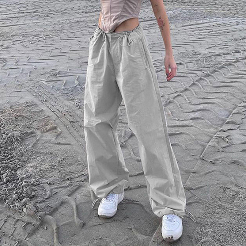 Street hipster low waist drawstring pig nose button woven casual pants
