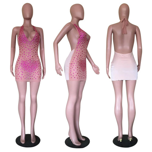 Colored big diamond high temperature ironing dress wrap chest straps open back
