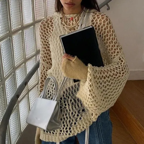Hot Girl Style Street Hipster Hollow Mesh Wool Knit Crew Neck Loose Blouse