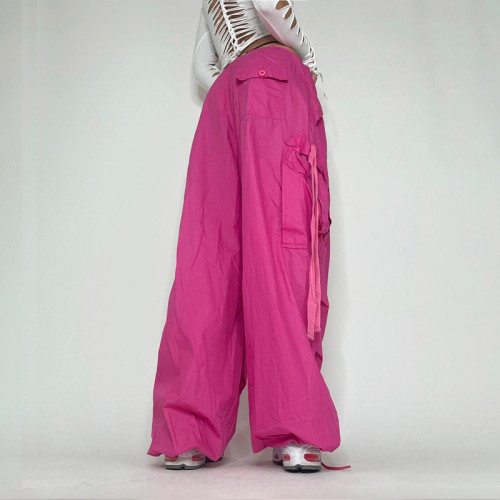 Solid Color Loose Slim Big Pocket Street Style Casual Streamer Cargo Pants