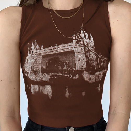Fashion 3D Architectural Print Crew Neck Tank Top