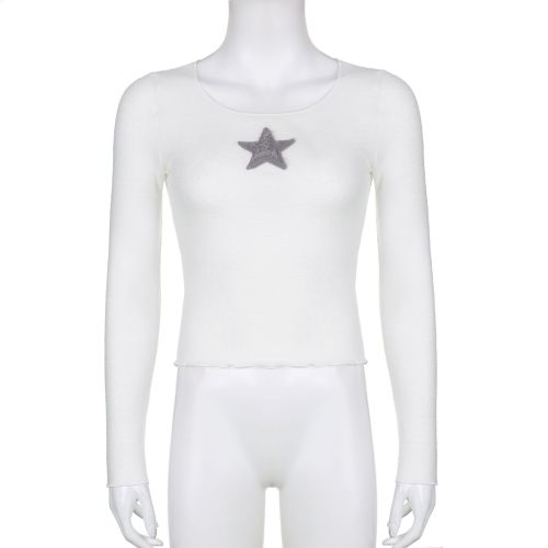 Star Panel Long Sleeve Crew Neck Crop T-Shirt