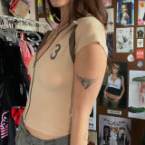 women's retro cardigan zipper stand collar contrast print T-shirt