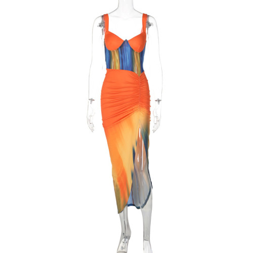 Tie-Dye Printed Hip Slit Sling Slim Fit Dress