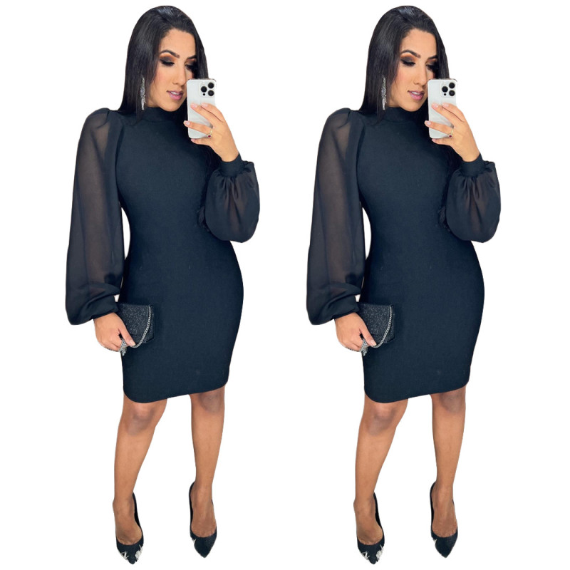 Black turtleneck mesh see-through lantern sleeve midi dress with hips