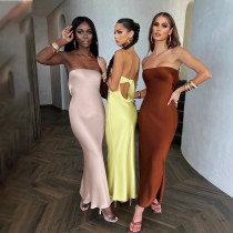 Solid color sexy open back temperament slim tube top dress