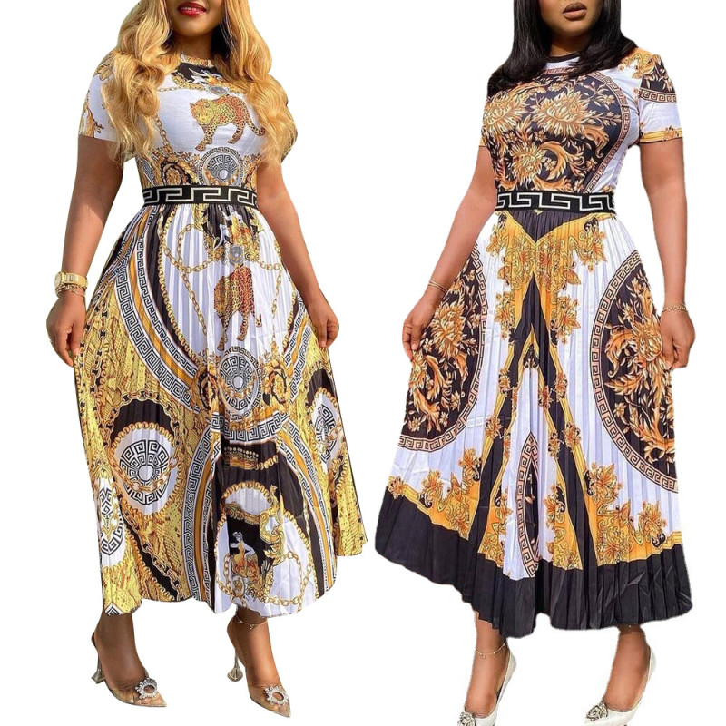 Fashion Casual Gold Chain Print Pleated Dress