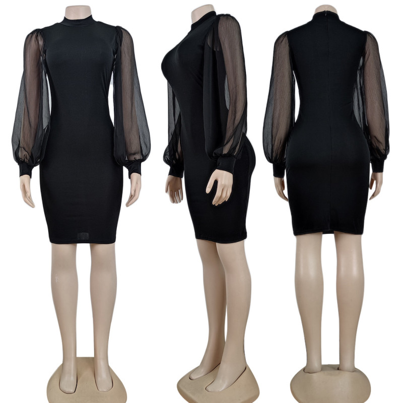 Black turtleneck mesh see-through lantern sleeve midi dress with hips
