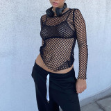 Solid Color Round Neck Pullover Long Sleeve Fishnet Cutout Top T-Shirt