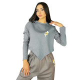 Fashion women's autumn and winter new round neck cross print long sleeve bevel sports sweater