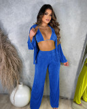 Sexy velvet solid cardigan three-piece set