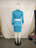 Women's Short Skirt Digital Positioning Print Sexy Navel Blue Suit