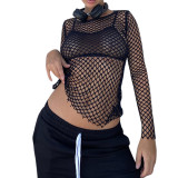 Solid Color Round Neck Pullover Long Sleeve Fishnet Cutout Top T-Shirt