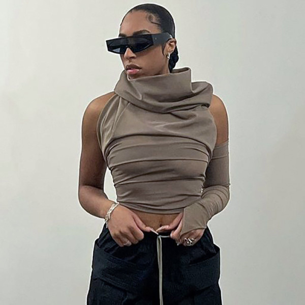 Solid Color Casual Cropped Navel Open Back Single Sleeve Hooded Slim Top