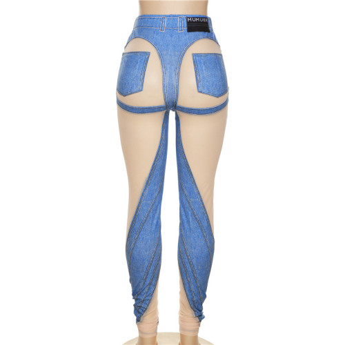 Sexy Mesh Sheer Patchwork Print High Waist Skinny Casual Trousers