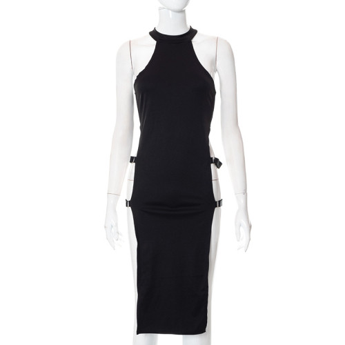 Solid Color Pullover Sleeveless Cutout Side Slit High Waist Dress