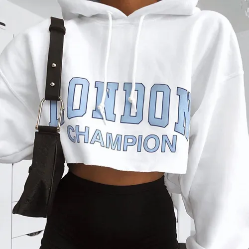 Loose Letters Short Hooded Sweatshirt Women's Long Sleeve Top