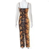 Casual Snake Print Deep V Sling Slit Maxi Dress