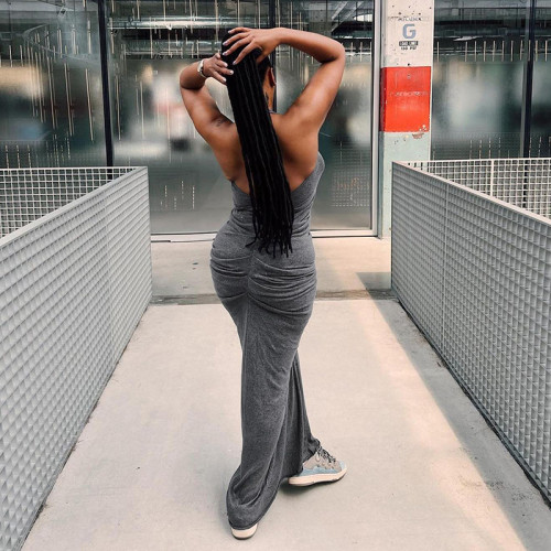 Fashion deep V neck halter neck open back solid color pleated temperament slim dress