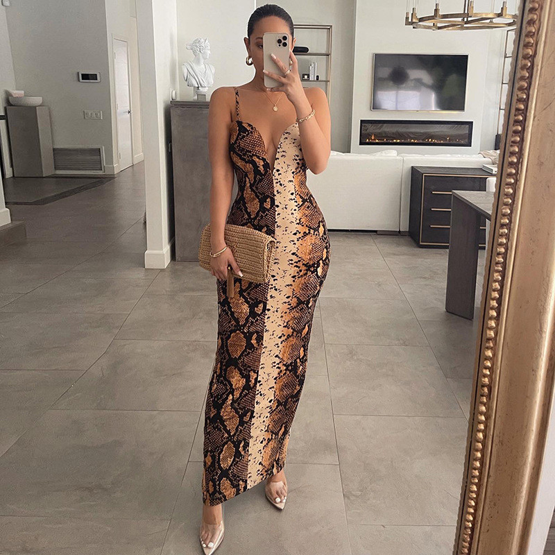 Casual Snake Print Deep V Sling Slit Maxi Dress