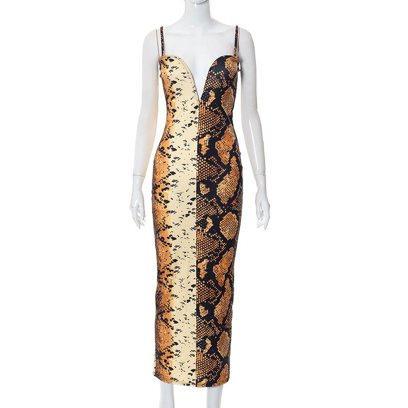 Casual Snake Print Deep V Sling Slit Maxi Dress