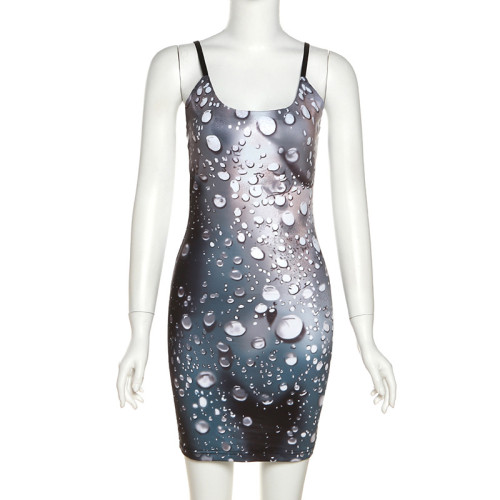 Fashion Water Drop Print Sling Sling Neck Sexy Hip Dress