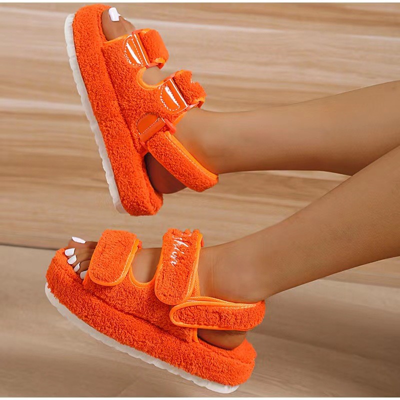 One word thick bottom fur sandals shoes women's embossed cotton slippers large size towel sandals