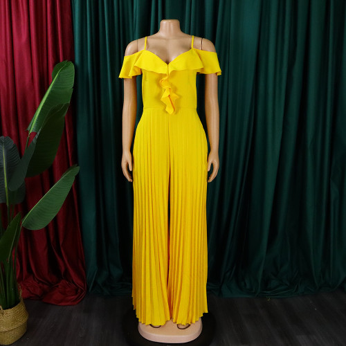 Fashion Sexy Sling Pleated Wide Leg Pants Ruffle Jumpsuit