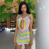 Colorful Stripes Colorblock Hollow V-Neck Tie Sweet and Spicy Slip Dress