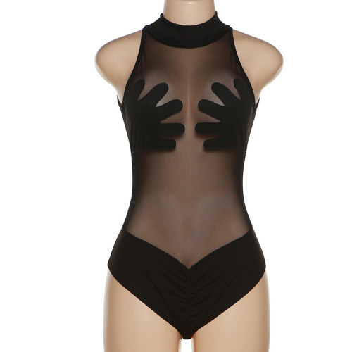 Sexy Sheer Mesh T-Shirt Contrast Color Panel Slim Bodysuit