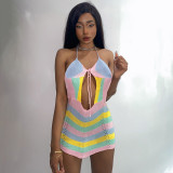 Colorful Stripes Colorblock Hollow V-Neck Tie Sweet and Spicy Slip Dress
