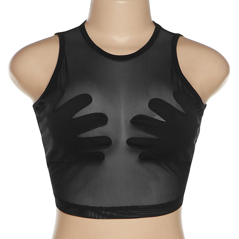 Women's round neck sleeveless see-through mesh stitching palm creative vest