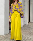 Loose plus size casual printed shirt top wide leg pants two-piece set