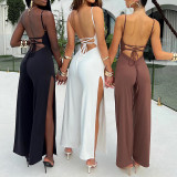 Suspender backless slit wide-leg pants sexy strappy low-cut jumpsuit