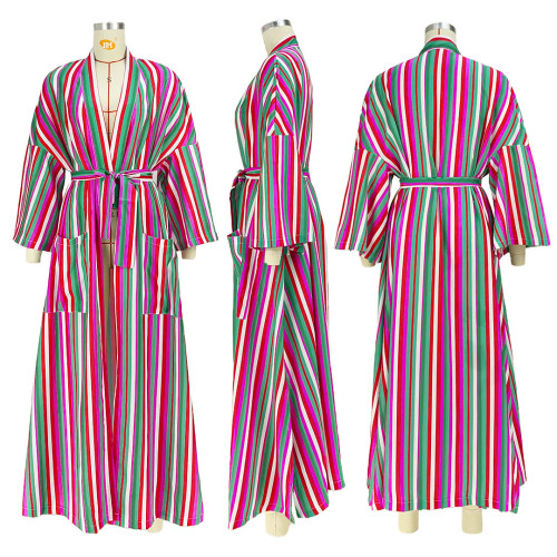 Stylish Stripe Slit Pocket Tie Loose Long Jacket
