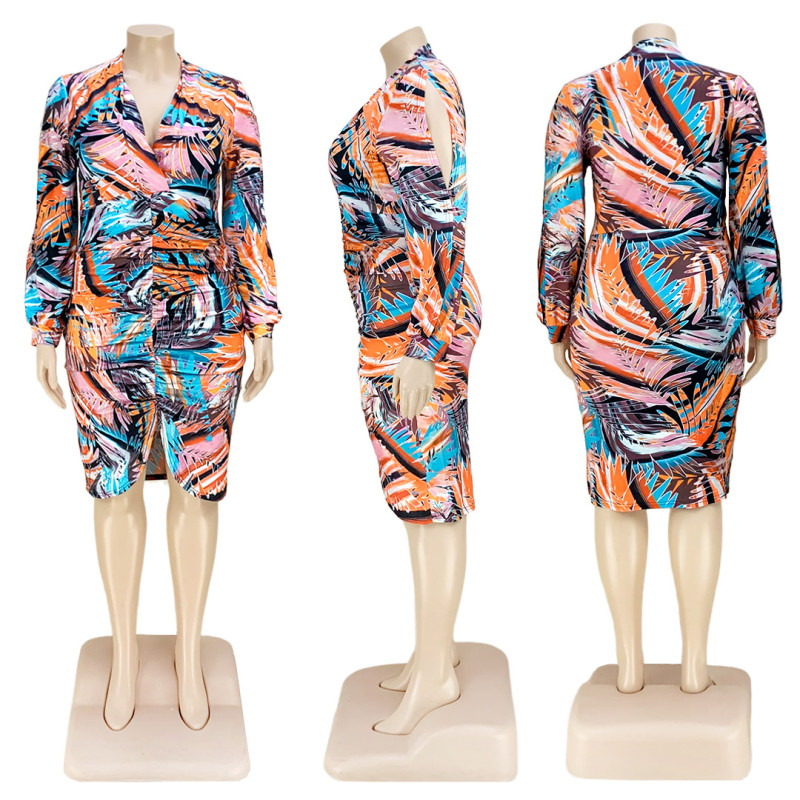 Fashion V-Neck Printed Slit Pleated Hollow Sleeve Dress