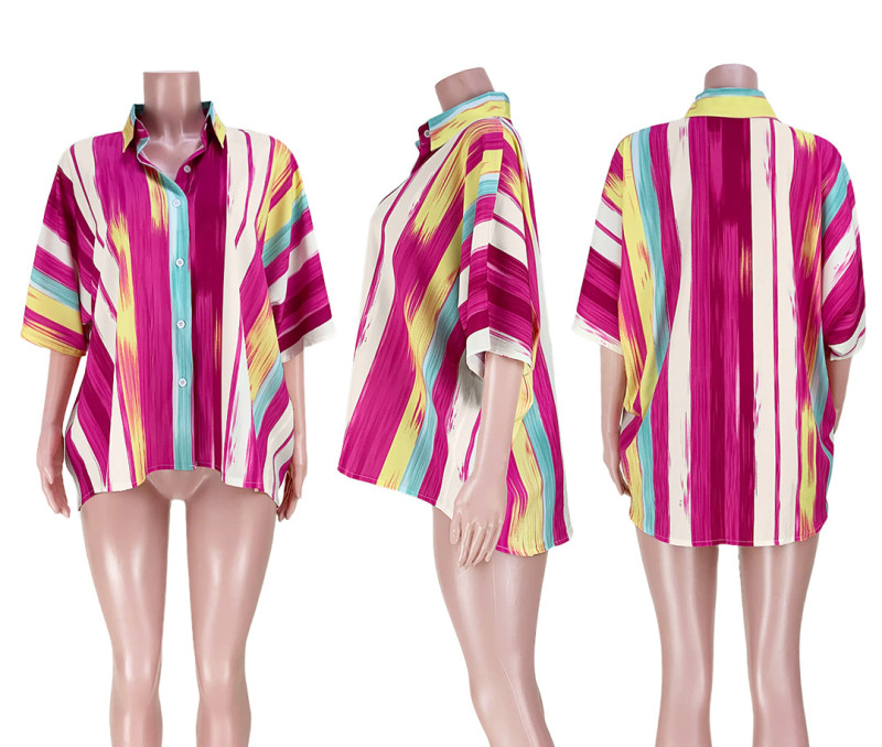 Sexy Front Short Back Long Fashion Casual Colorful Striped Loose Shirt