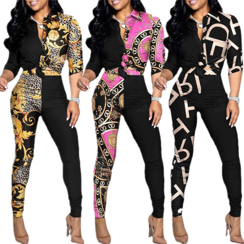 Casual Suit Colorblock Print Long Sleeve Lapel Shirt Casual Pants Two Piece Set