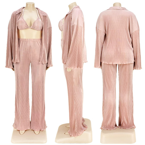 Fashion Plus Size Women's Solid Color Light Pressed Pleated Wide Leg Pants 3-Piece Set
