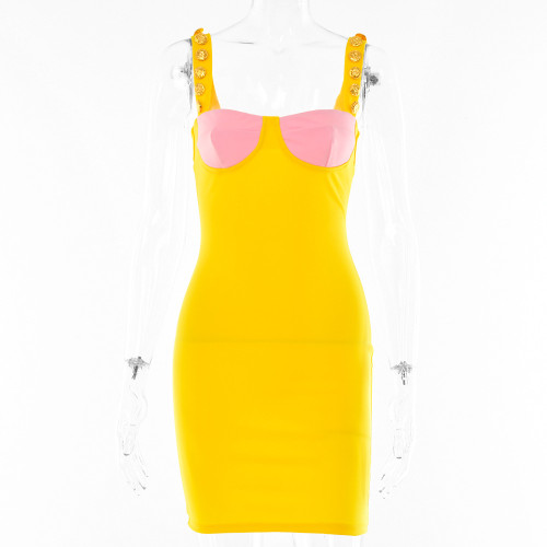 Contrast color low-cut hot girl short skirt fashion all-match backless tight waist suspender dress